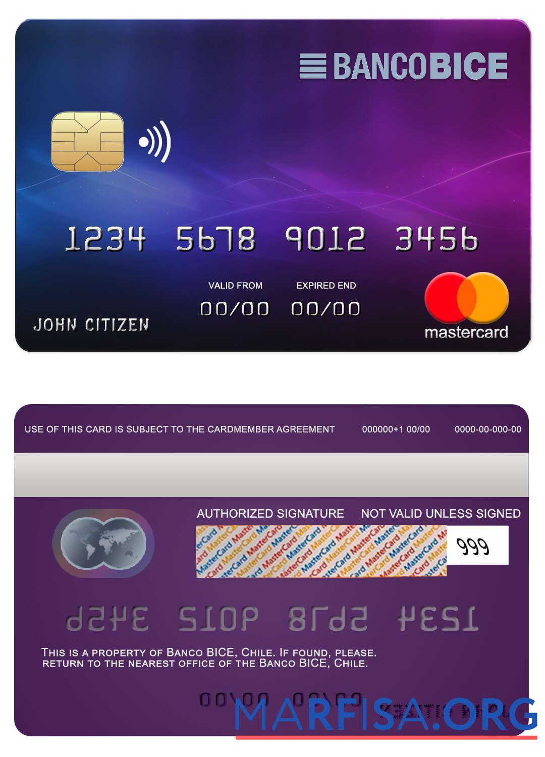 Blank Chile BICE bank mastercard sample